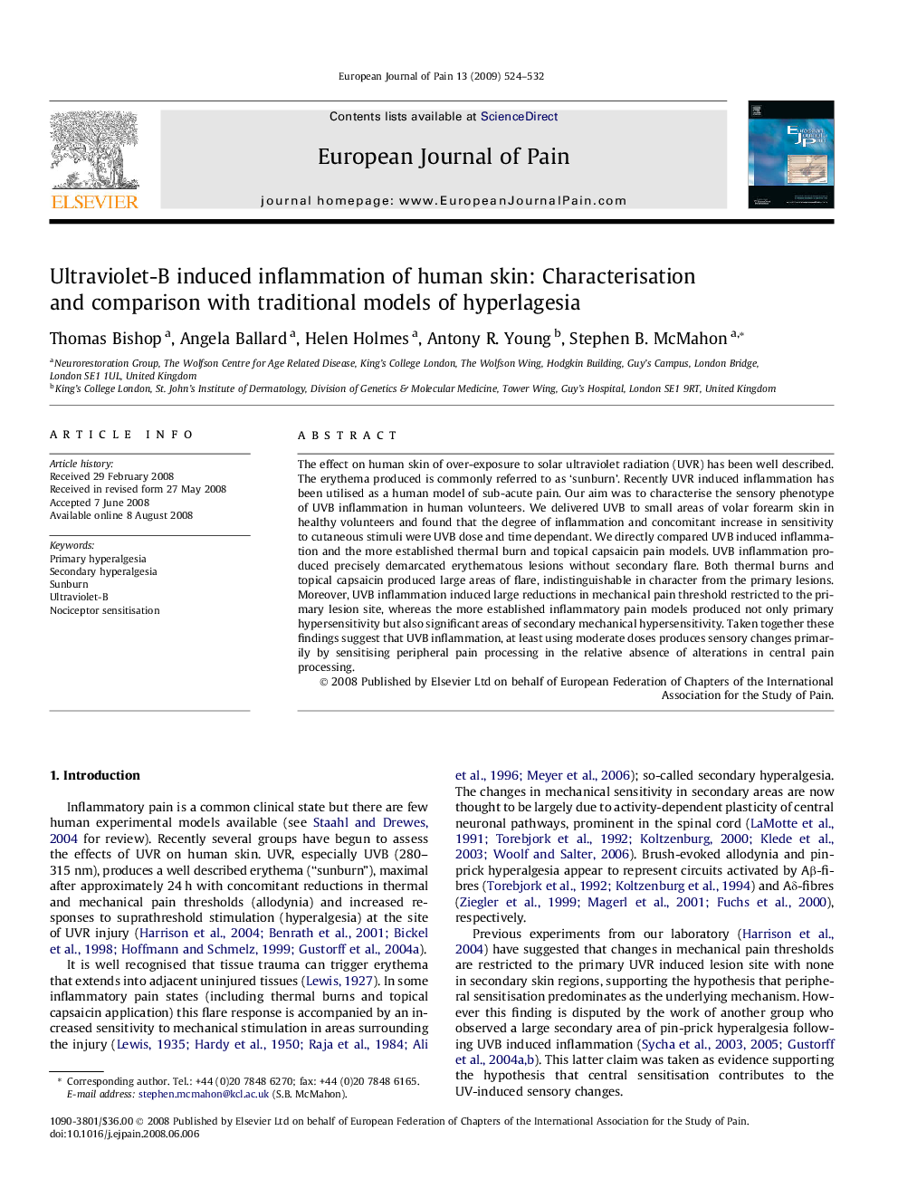 Ultraviolet-B induced inflammation of human skin: Characterisation and comparison with traditional models of hyperlagesia