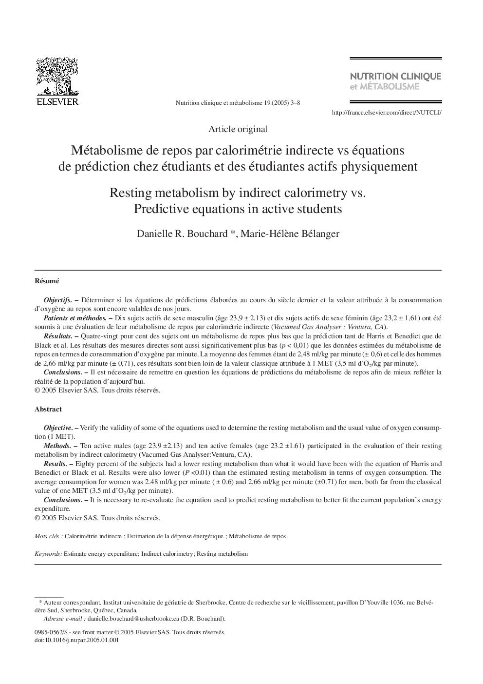 Métabolisme de repos par calorimétrie indirecte vs équations de prédiction chez étudiants et des étudiantes actifs physiquement