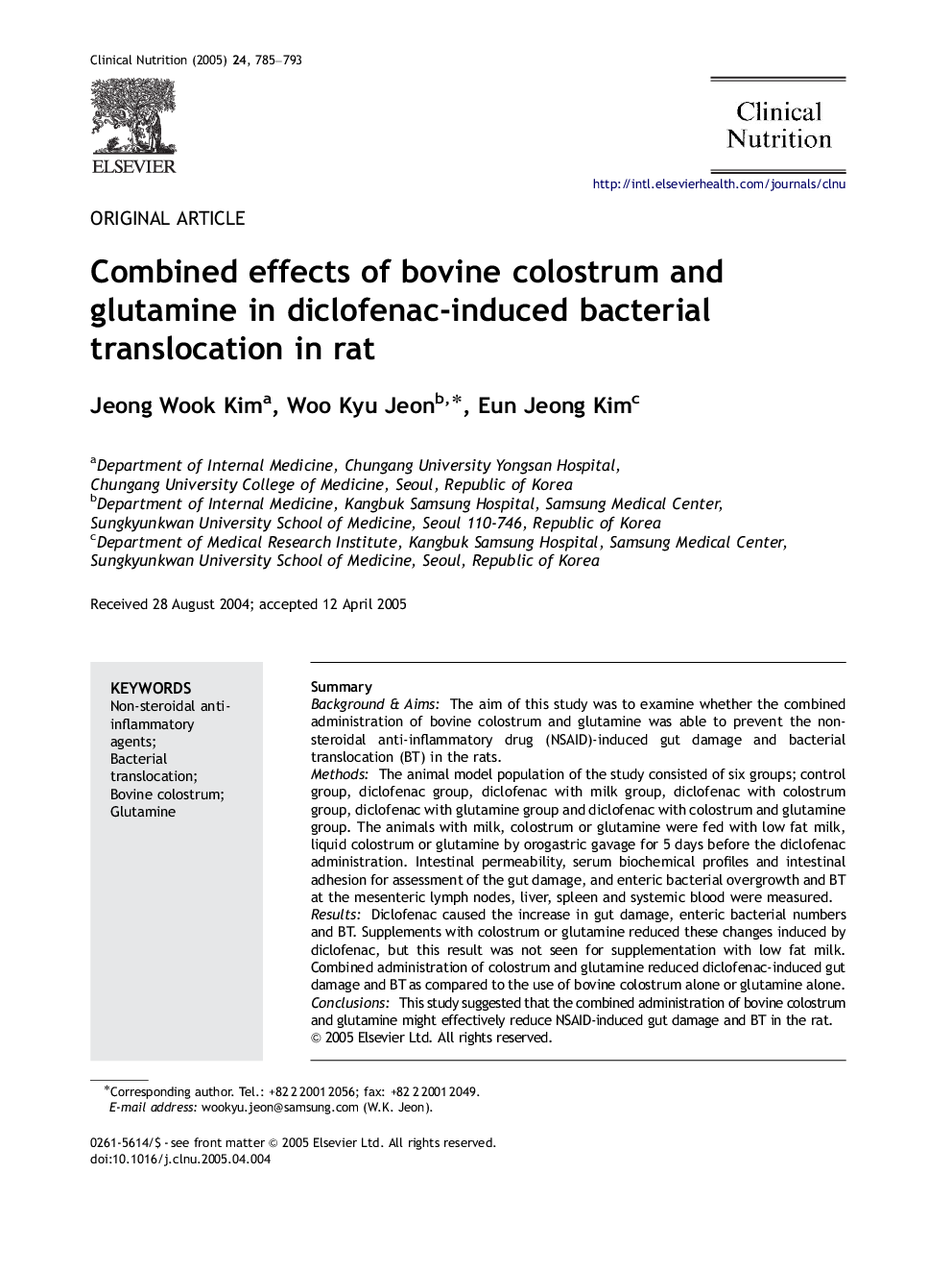 Combined effects of bovine colostrum and glutamine in diclofenac-induced bacterial translocation in rat