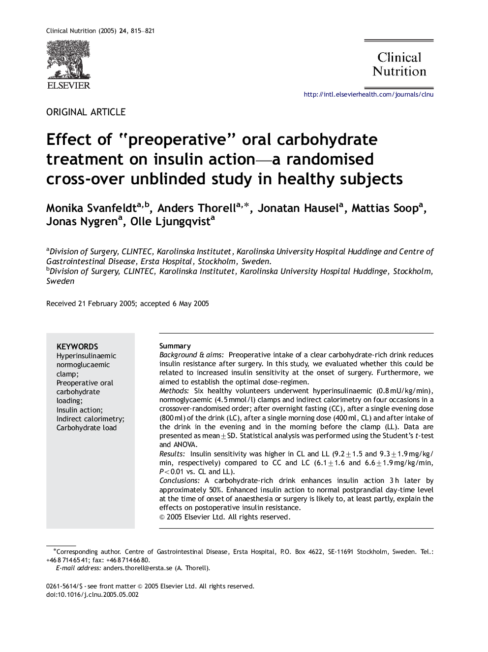 عکس صفحه اول مقاله: Effect of “preoperative” oral carbohydrate treatment on insulin action-a randomised cross-over unblinded study in healthy subjects Effect of “preoperative” oral carbohydrate treatment on insulin action-a randomised cross-over unblinded study in healthy subjects