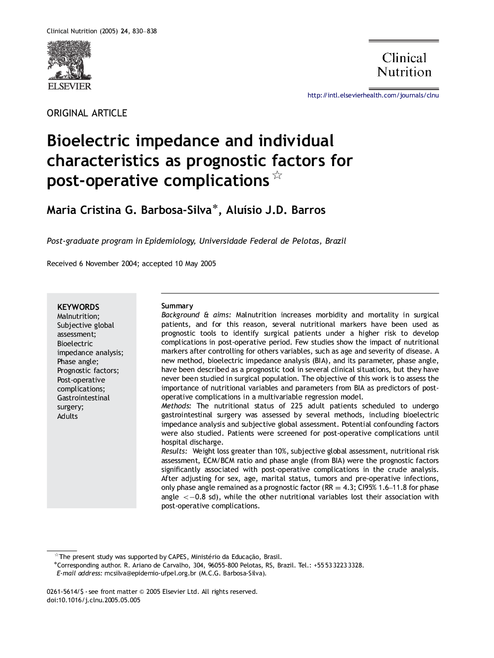 Bioelectric impedance and individual characteristics as prognostic factors for post-operative complications