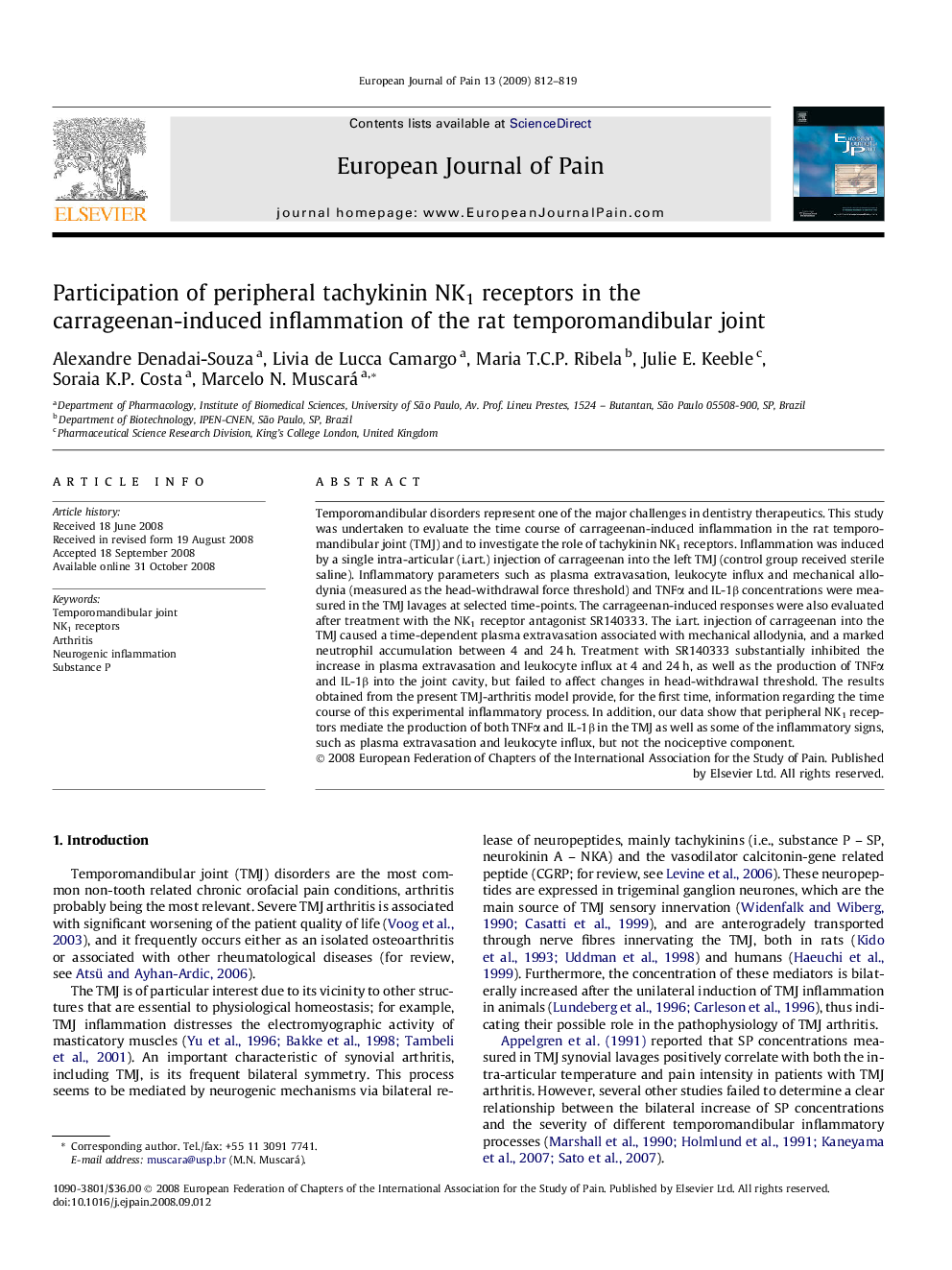 Participation of peripheral tachykinin NK1 receptors in the carrageenan-induced inflammation of the rat temporomandibular joint