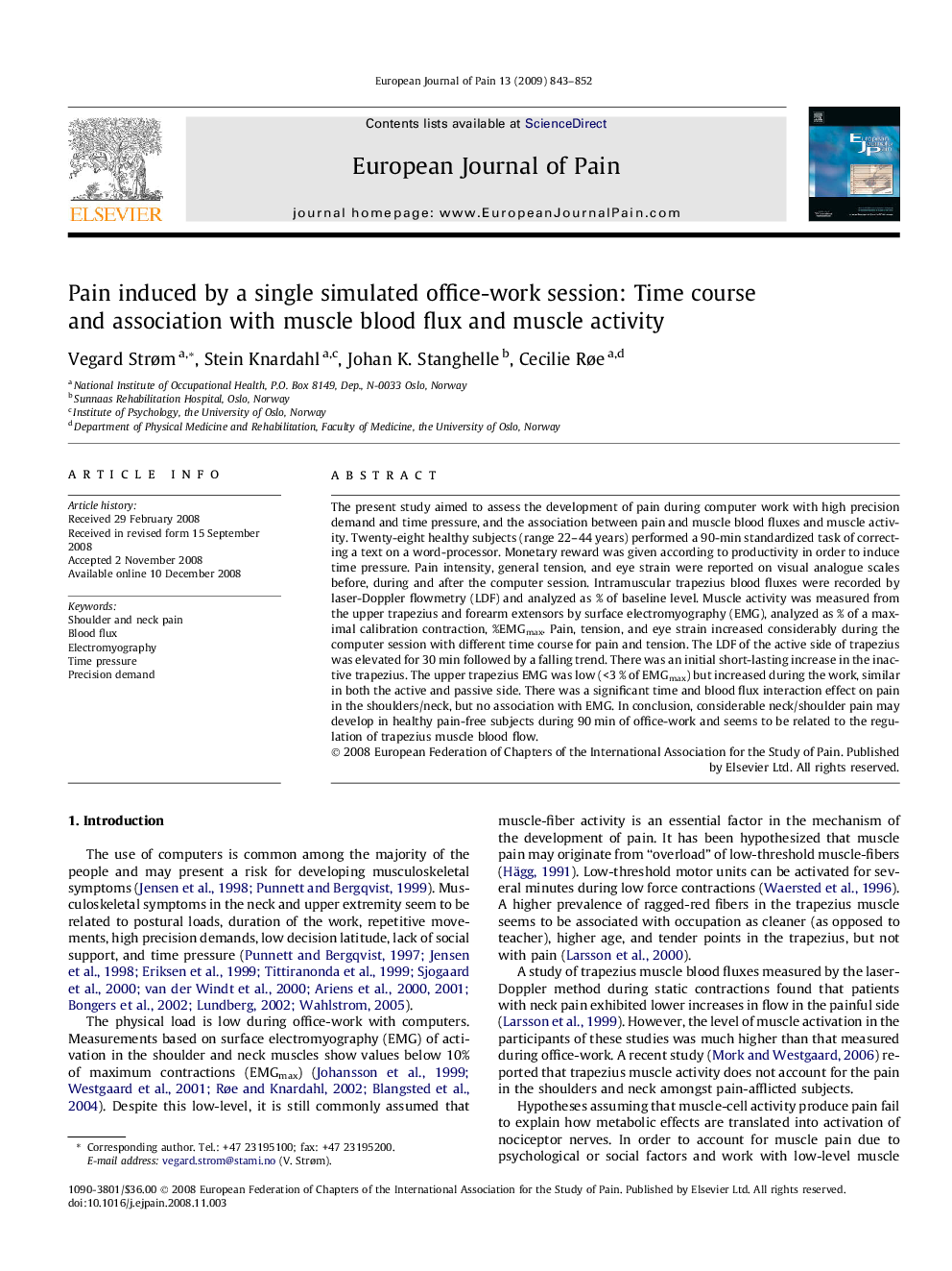 Pain induced by a single simulated office-work session: Time course and association with muscle blood flux and muscle activity