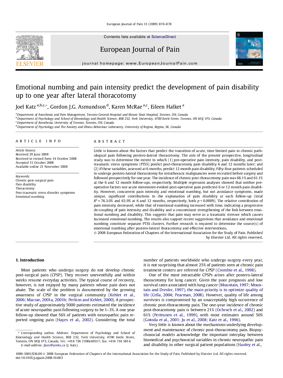 Emotional numbing and pain intensity predict the development of pain disability up to one year after lateral thoracotomy