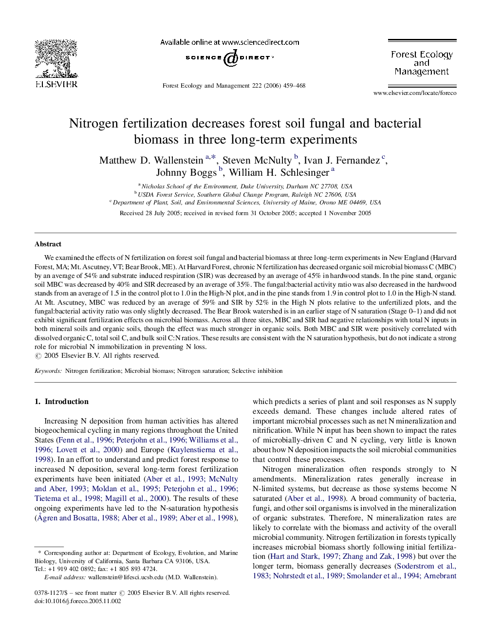 Nitrogen fertilization decreases forest soil fungal and bacterial biomass in three long-term experiments