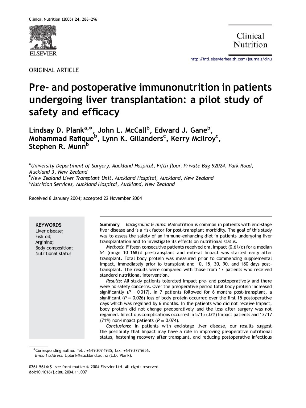 Pre- and postoperative immunonutrition in patients undergoing liver transplantation: a pilot study of safety and efficacy