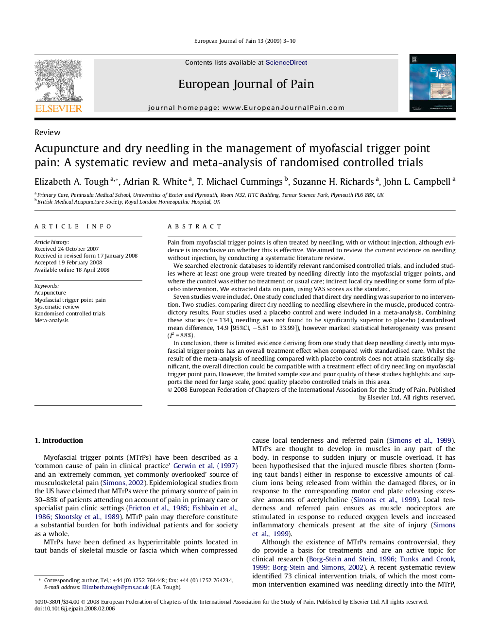 Acupuncture and dry needling in the management of myofascial trigger point pain: A systematic review and meta-analysis of randomised controlled trials