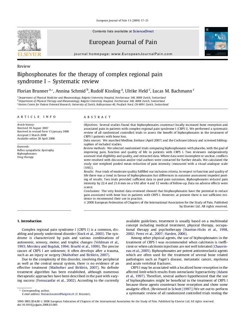 Biphosphonates for the therapy of complex regional pain syndrome I - Systematic review