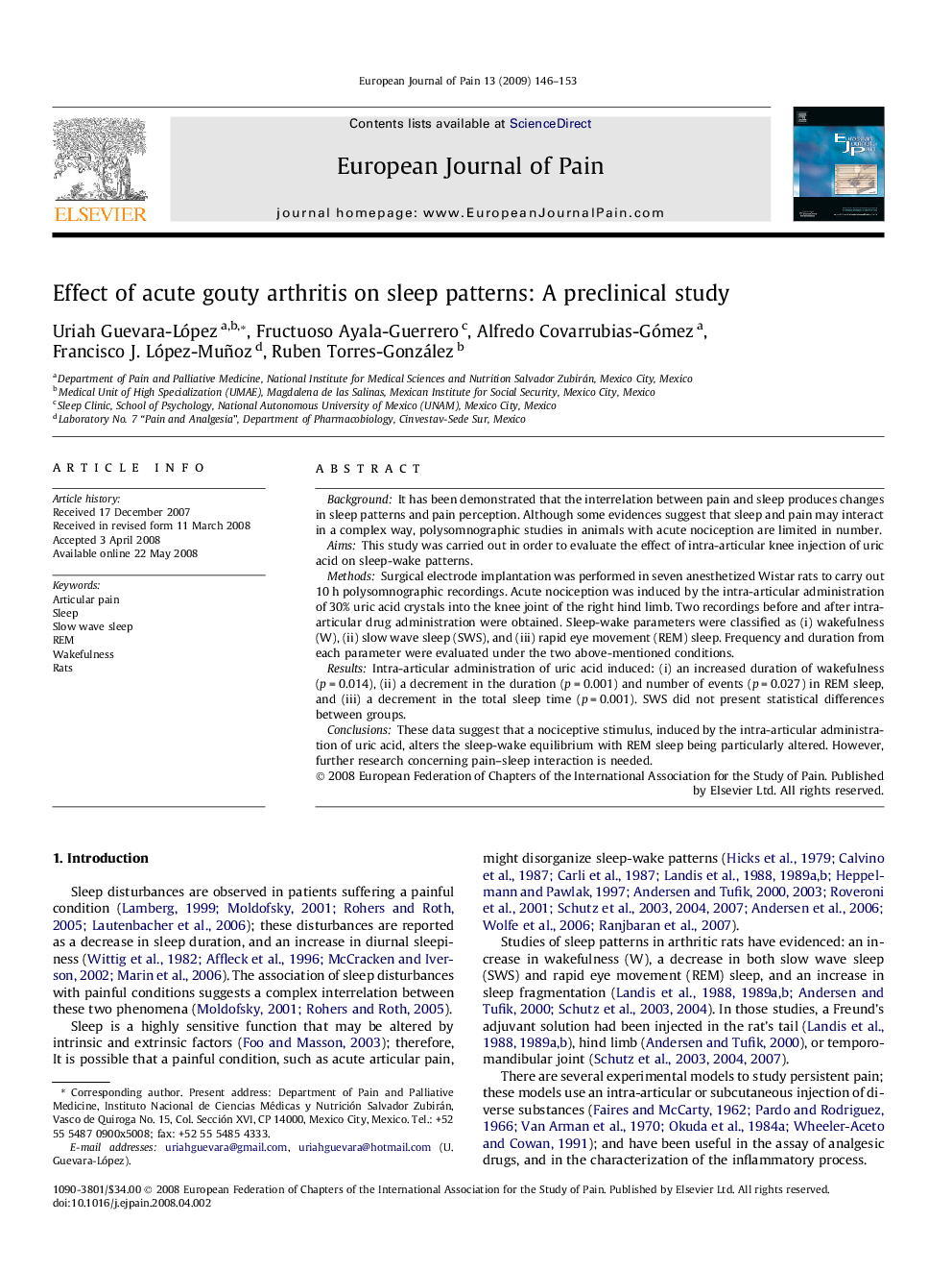 Effect of acute gouty arthritis on sleep patterns: A preclinical study