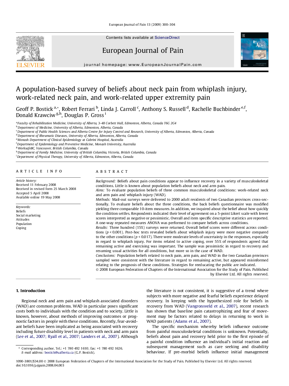 A population-based survey of beliefs about neck pain from whiplash injury, work-related neck pain, and work-related upper extremity pain