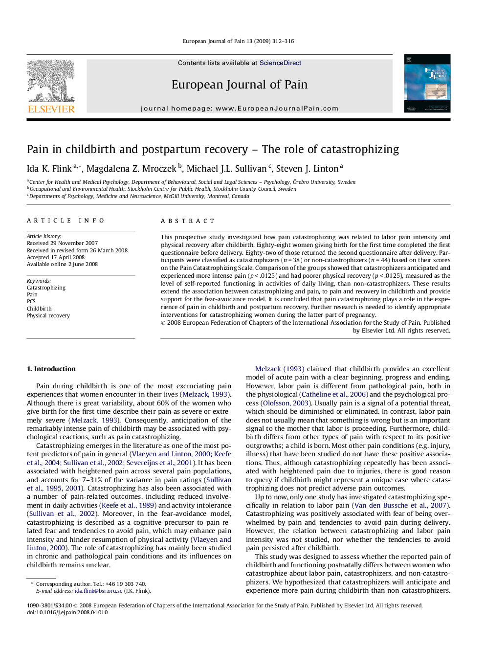 Pain in childbirth and postpartum recovery - The role of catastrophizing