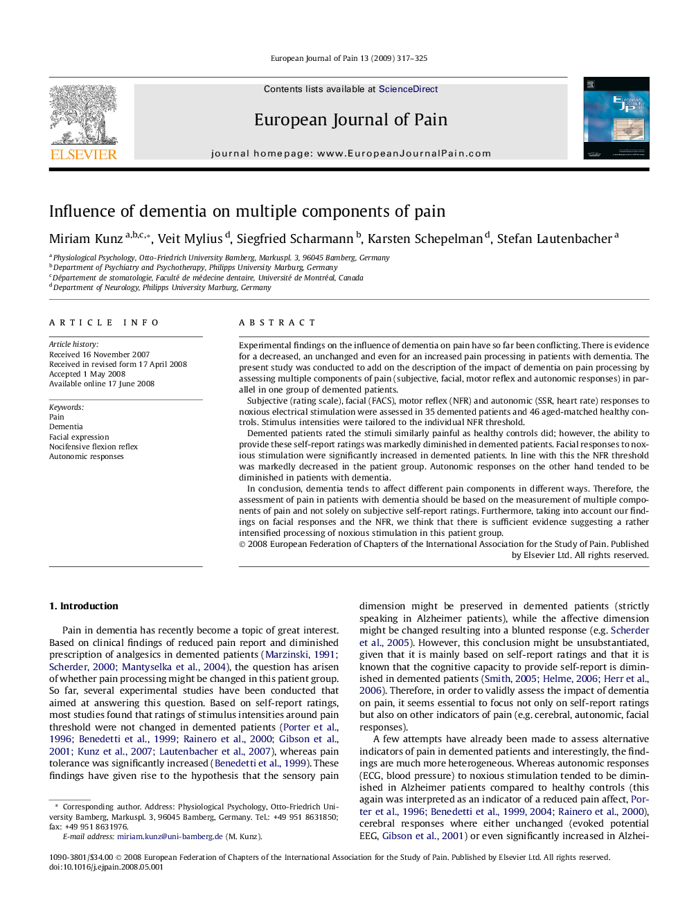 Influence of dementia on multiple components of pain