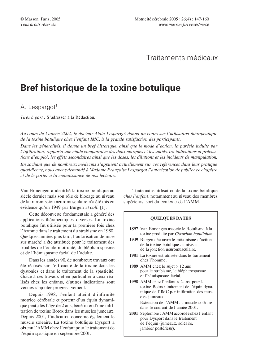 Bref historique de la toxine botulique