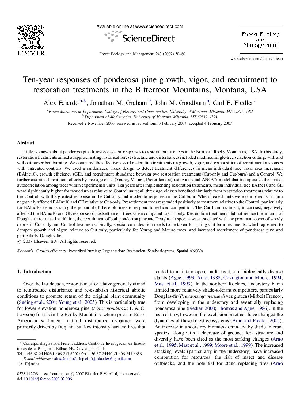 عکس صفحه اول مقاله: Ten-year responses of ponderosa pine growth, vigor, and recruitment to restoration treatments in the Bitterroot Mountains, Montana, USA Ten-year responses of ponderosa pine growth, vigor, and recruitment to restoration treatments in the Bitterroot Mountains, Montana, USA