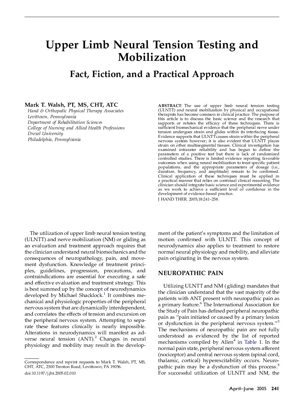 Upper Limb Neural Tension Testing and Mobilization