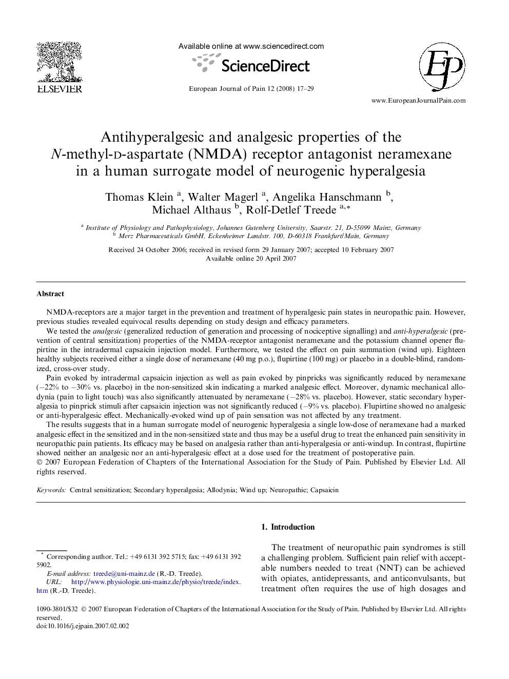 Antihyperalgesic and analgesic properties of the N-methyl-d-aspartate (NMDA) receptor antagonist neramexane in a human surrogate model of neurogenic hyperalgesia