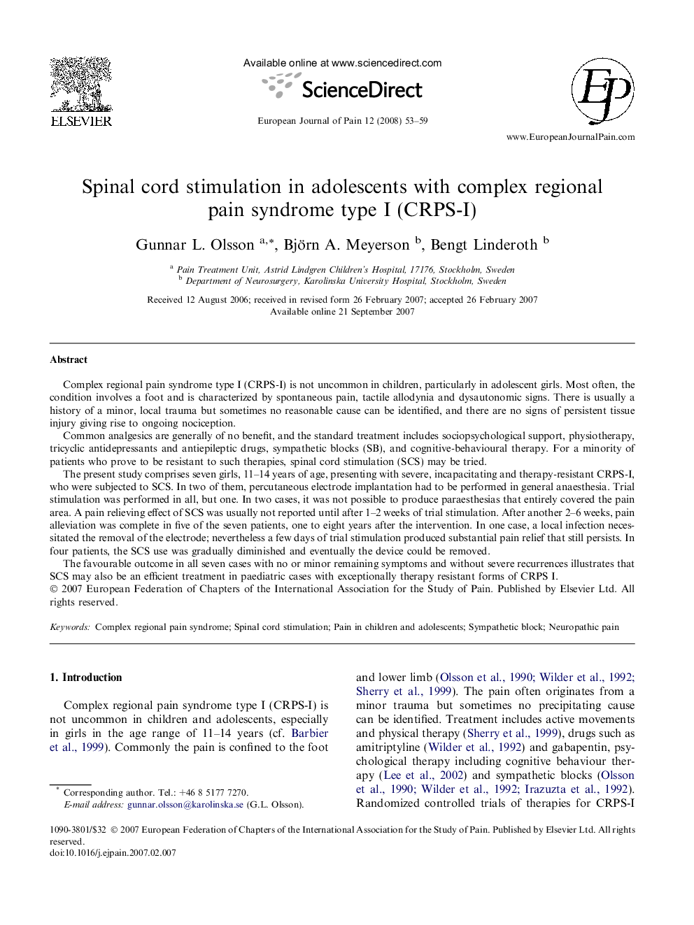 Spinal cord stimulation in adolescents with complex regional pain syndrome type I (CRPS-I)