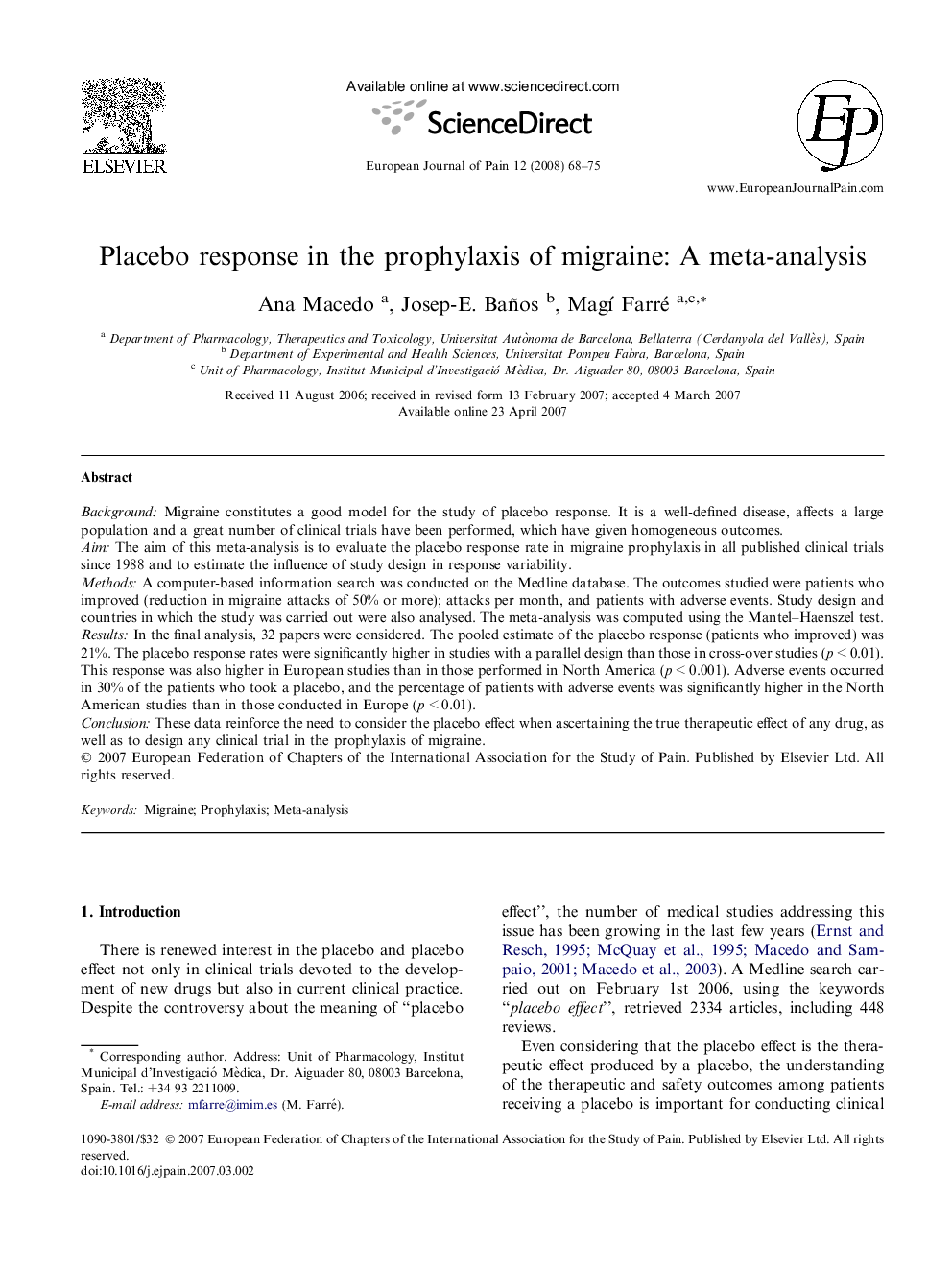 عکس صفحه اول مقاله: Placebo response in the prophylaxis of migraine: A meta-analysis Placebo response in the prophylaxis of migraine: A meta-analysis
