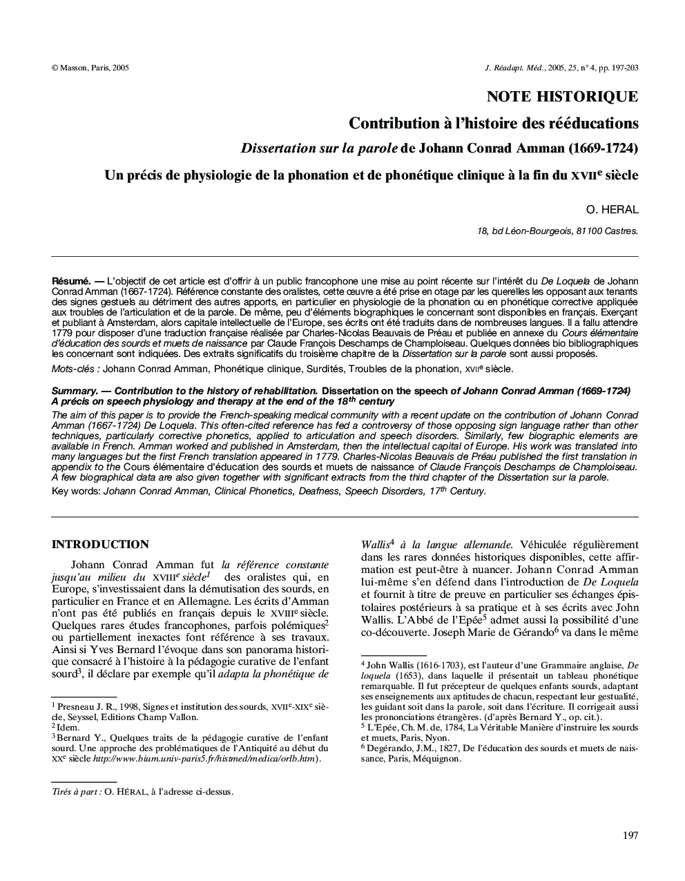 Contribution Ã  l'histoire des rééducations