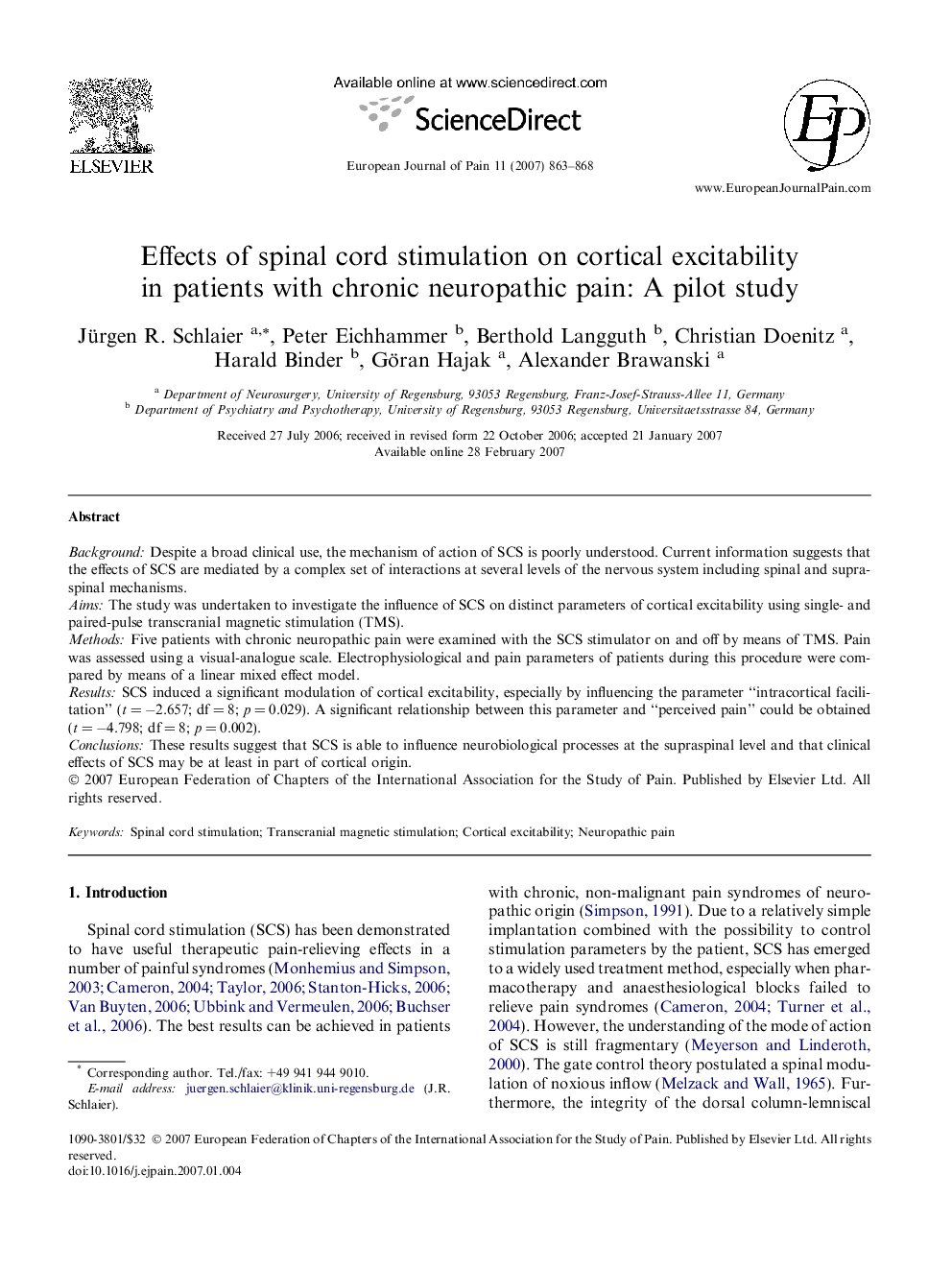 Effects of spinal cord stimulation on cortical excitability in patients with chronic neuropathic pain: A pilot study