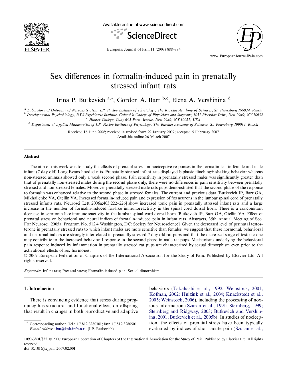 Sex differences in formalin-induced pain in prenatally stressed infant rats