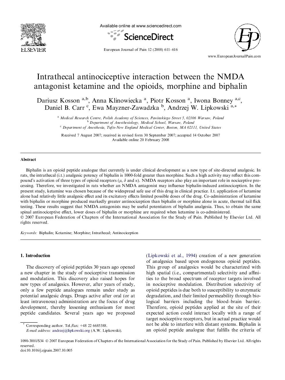 Intrathecal antinociceptive interaction between the NMDA antagonist ketamine and the opioids, morphine and biphalin