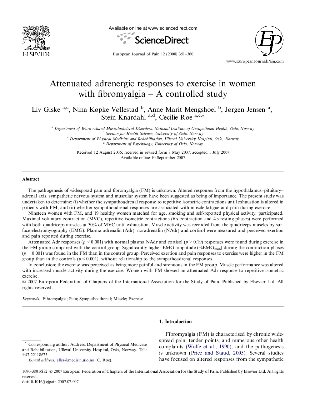 Attenuated adrenergic responses to exercise in women with fibromyalgia - A controlled study