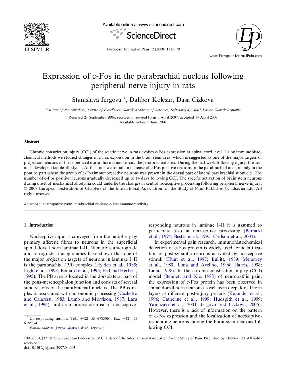 Expression of c-Fos in the parabrachial nucleus following peripheral nerve injury in rats