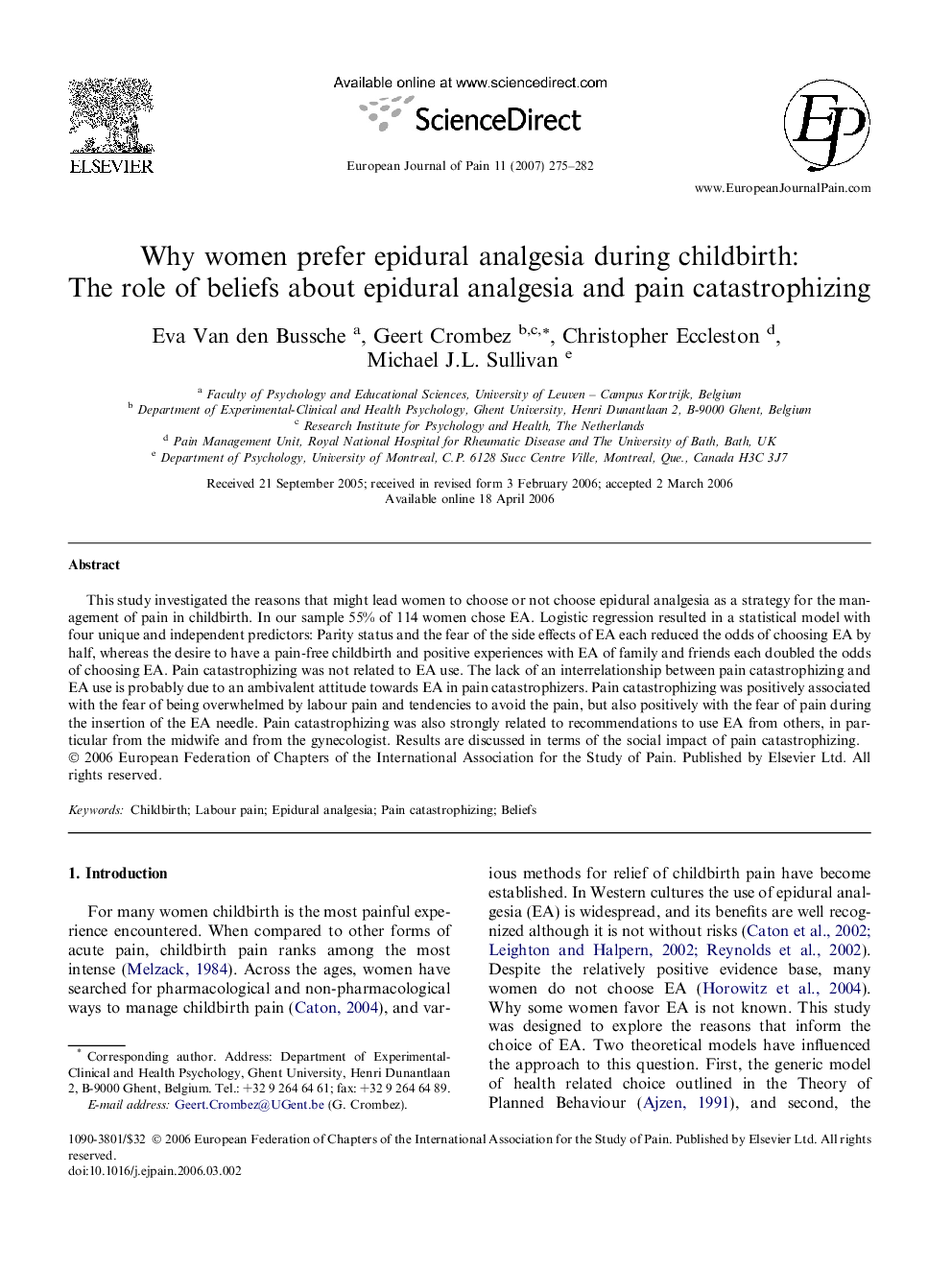 Why women prefer epidural analgesia during childbirth: The role of beliefs about epidural analgesia and pain catastrophizing