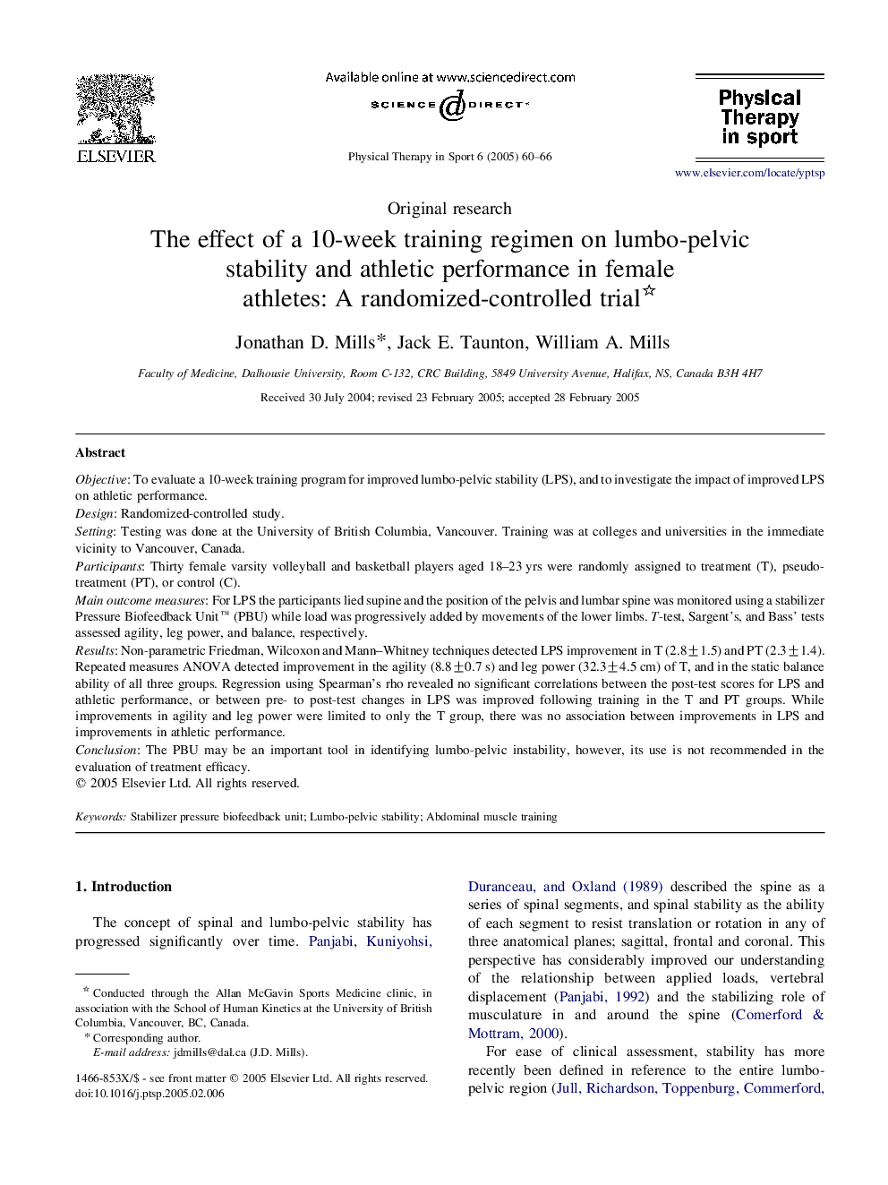 The effect of a 10-week training regimen on lumbo-pelvic stability and athletic performance in female athletes: A randomized-controlled trial