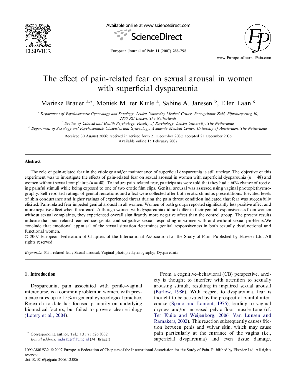 The effect of pain-related fear on sexual arousal in women with superficial dyspareunia