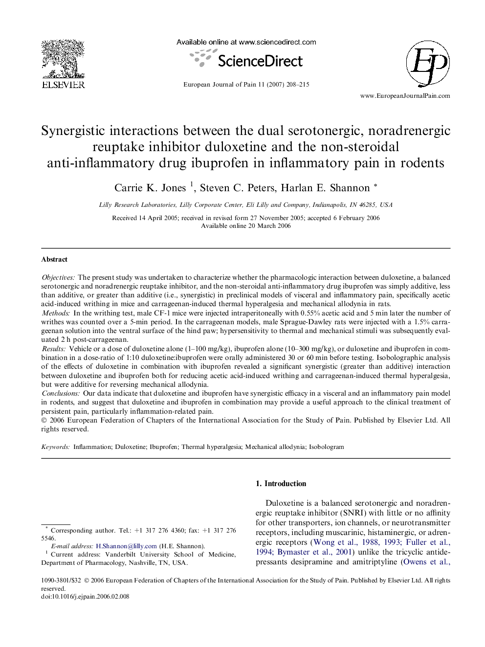 Synergistic interactions between the dual serotonergic, noradrenergic reuptake inhibitor duloxetine and the non-steroidal anti-inflammatory drug ibuprofen in inflammatory pain in rodents