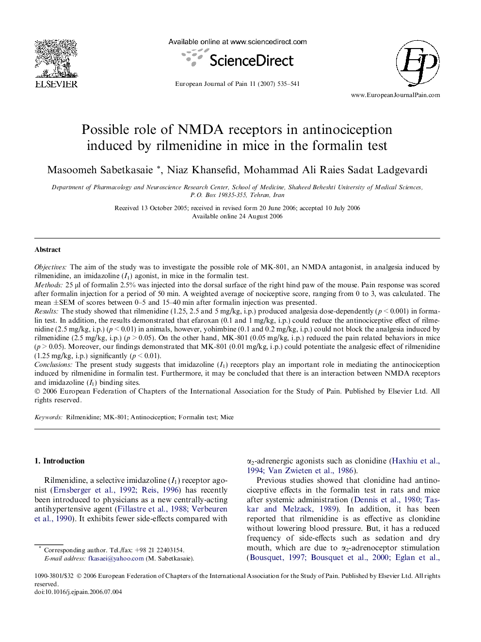 Possible role of NMDA receptors in antinociception induced by rilmenidine in mice in the formalin test