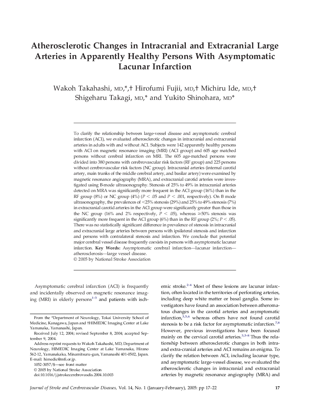 Atherosclerotic changes in intracranial and extracranial large arteries in apparently healthy persons with asymptomatic lacunar infarction