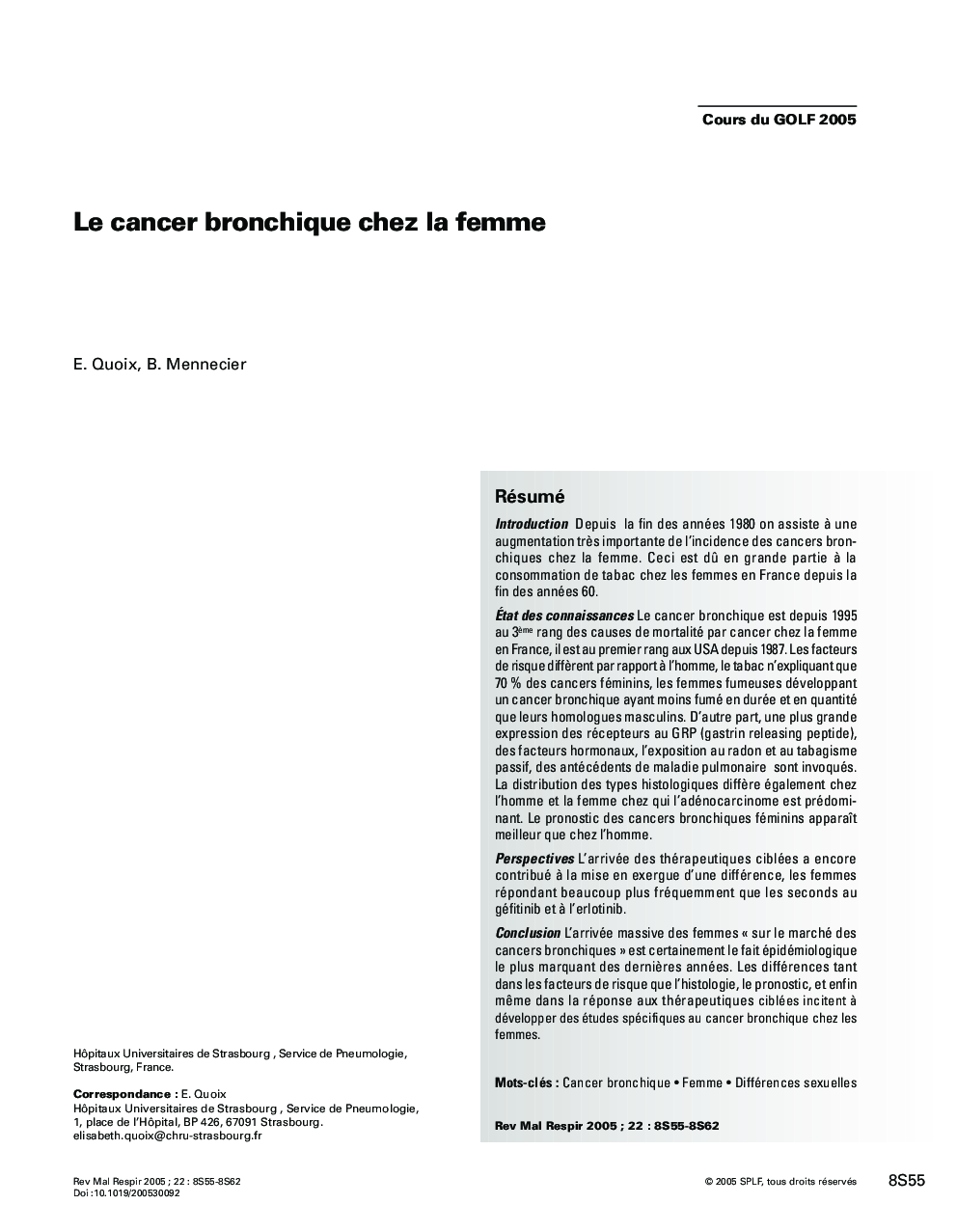 Le cancer bronchique chez la femme