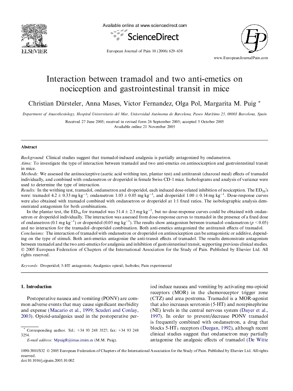 Interaction between tramadol and two anti-emetics on nociception and gastrointestinal transit in mice