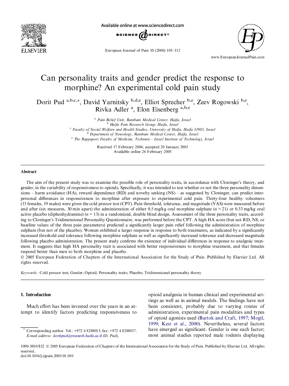 Can personality traits and gender predict the response to morphine? An experimental cold pain study