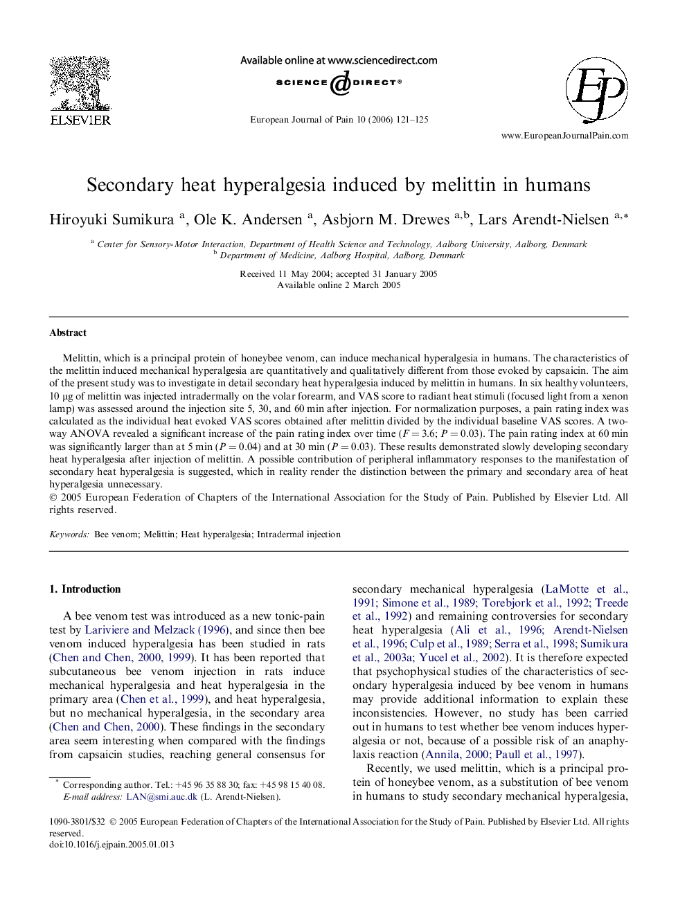 Secondary heat hyperalgesia induced by melittin in humans