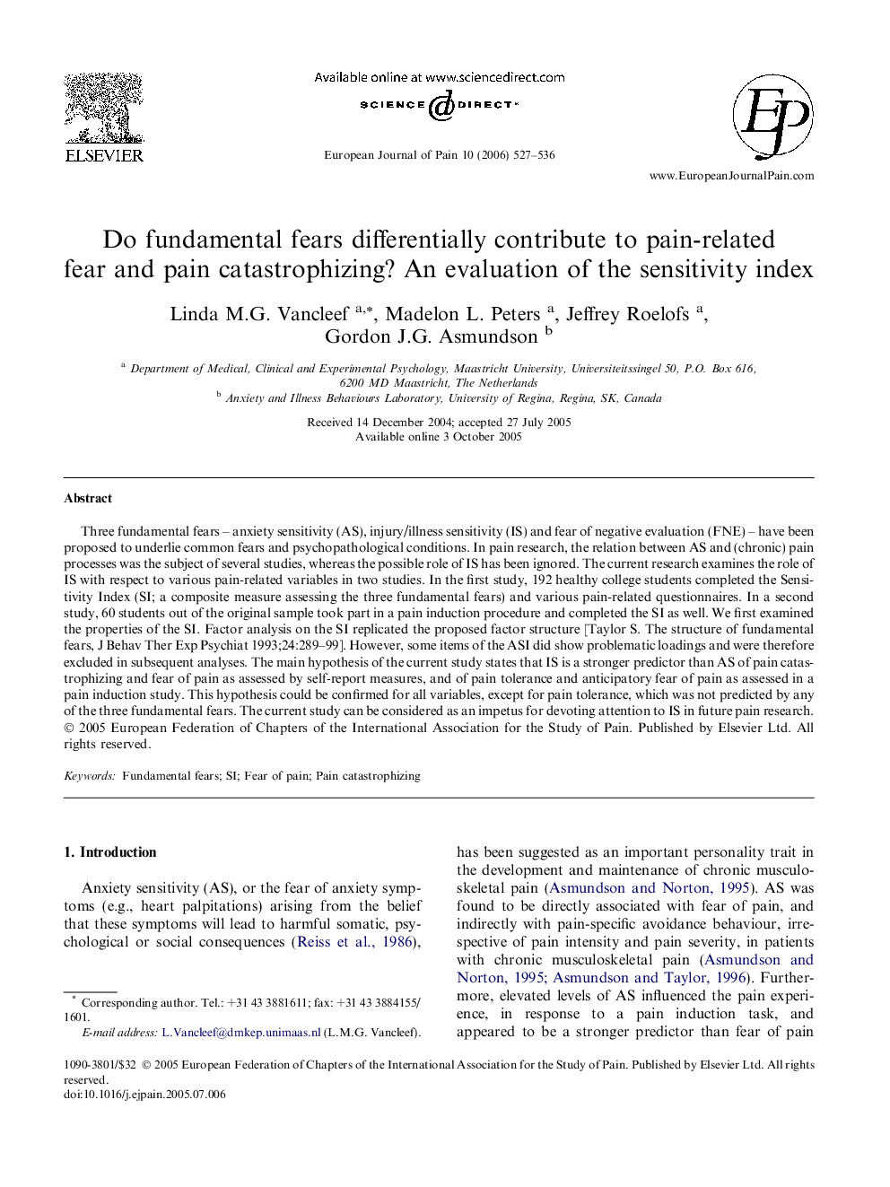 Do fundamental fears differentially contribute to pain-related fear and pain catastrophizing? An evaluation of the sensitivity index