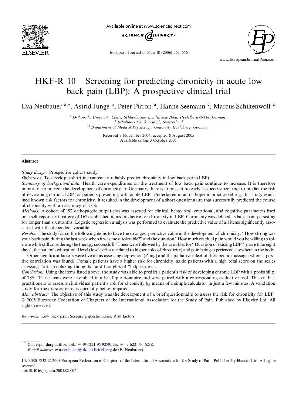 HKF-R 10 - Screening for predicting chronicity in acute low back pain (LBP): A prospective clinical trial