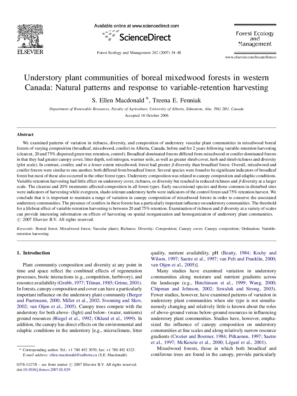 Understory plant communities of boreal mixedwood forests in western Canada: Natural patterns and response to variable-retention harvesting