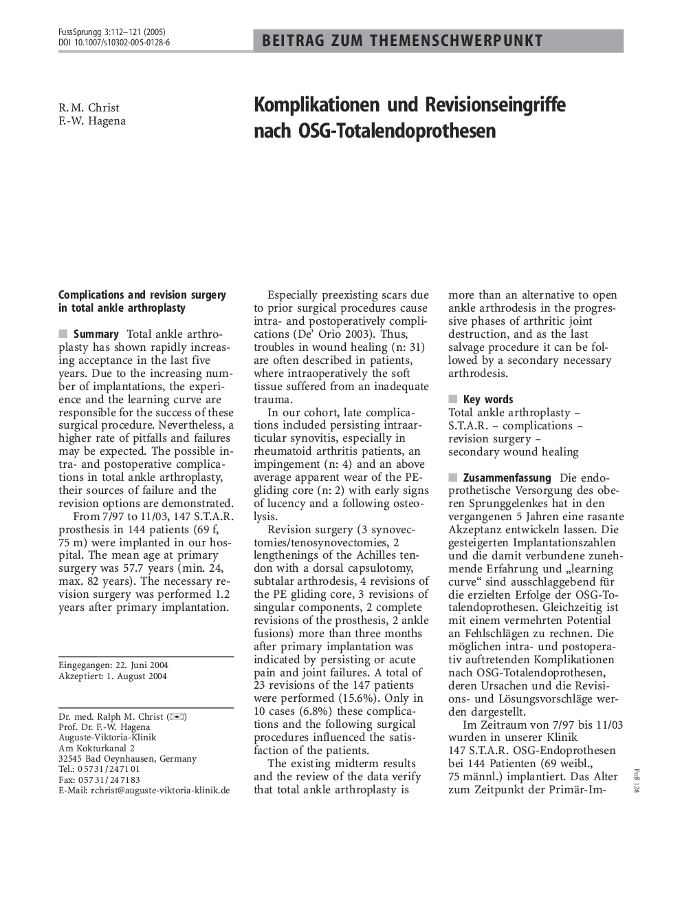 Komplikationen und Revisionseingriffe nach OSG-Totalendoprothesen