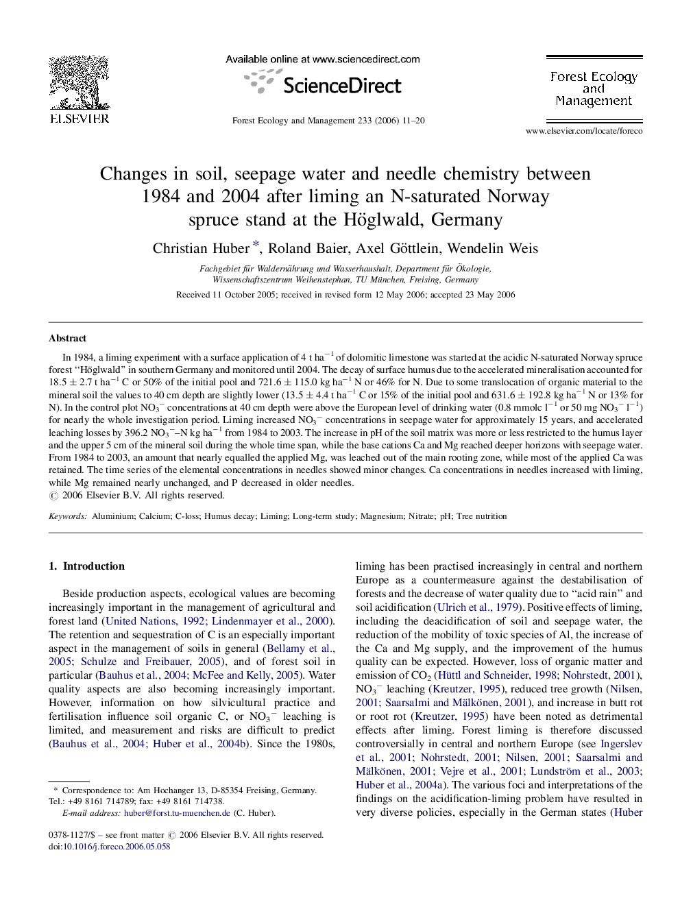 Changes in soil, seepage water and needle chemistry between 1984 and 2004 after liming an N-saturated Norway spruce stand at the Höglwald, Germany