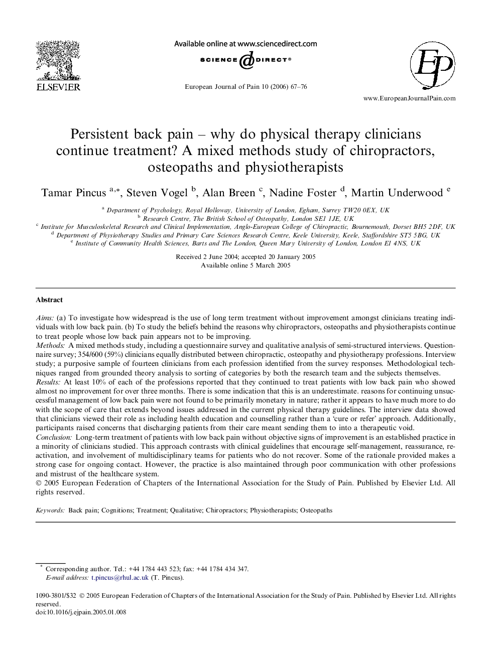 Persistent back pain - why do physical therapy clinicians continue treatment? A mixed methods study of chiropractors, osteopaths and physiotherapists