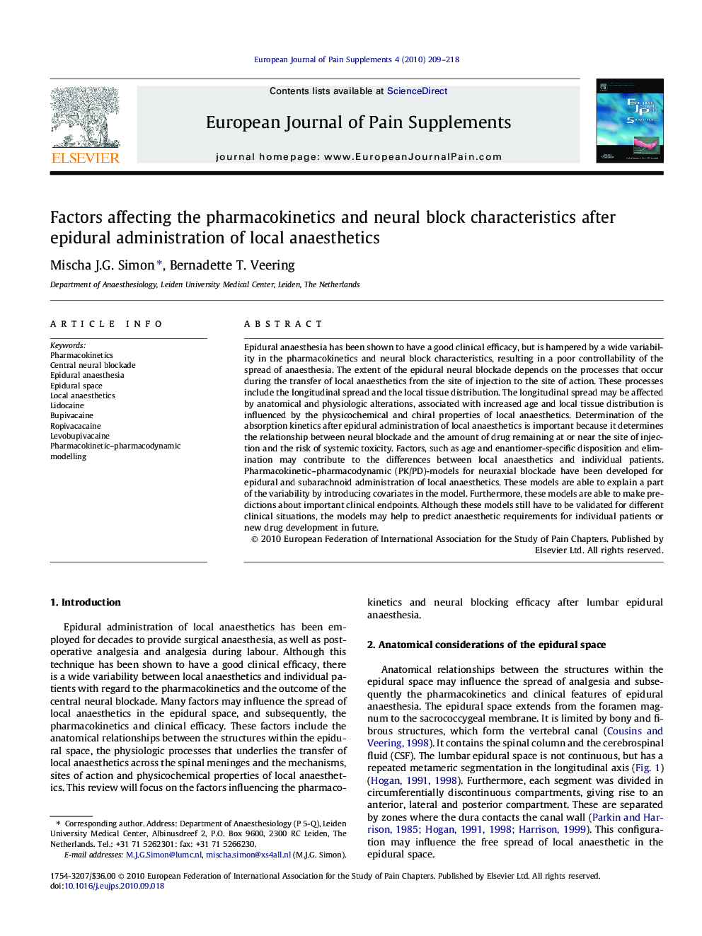 Factors affecting the pharmacokinetics and neural block characteristics after epidural administration of local anaesthetics