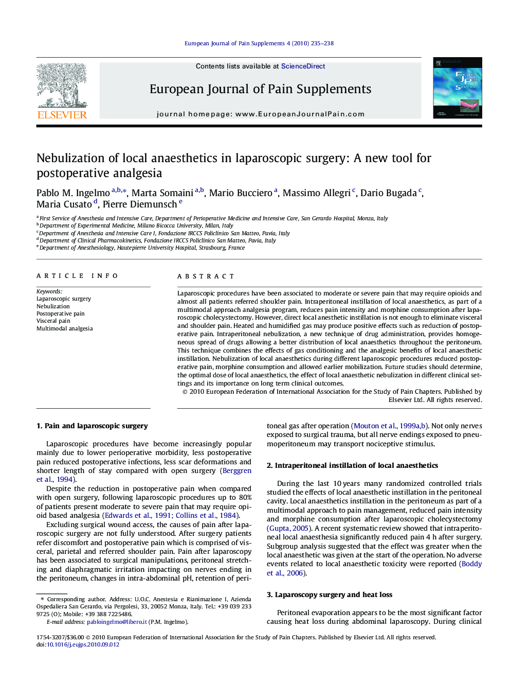 Nebulization of local anaesthetics in laparoscopic surgery: A new tool for postoperative analgesia