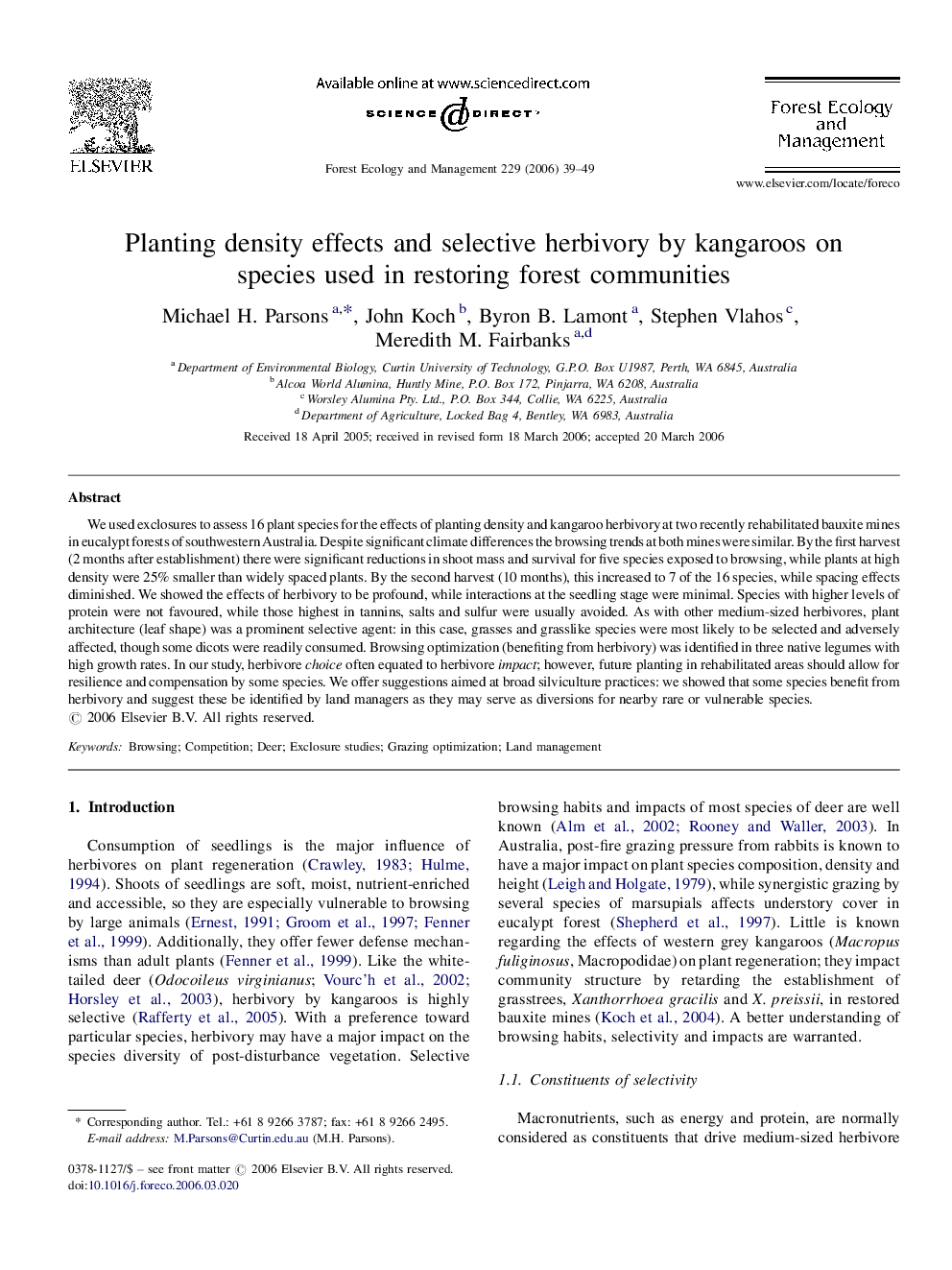 Planting density effects and selective herbivory by kangaroos on species used in restoring forest communities