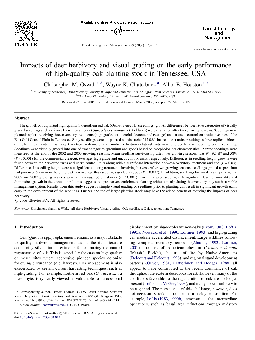 Impacts of deer herbivory and visual grading on the early performance of high-quality oak planting stock in Tennessee, USA