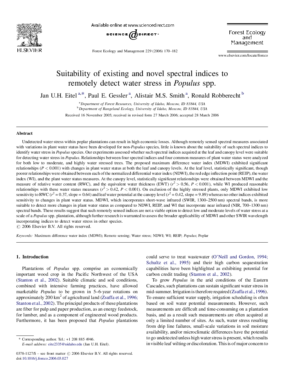 Suitability of existing and novel spectral indices to remotely detect water stress in Populus spp.