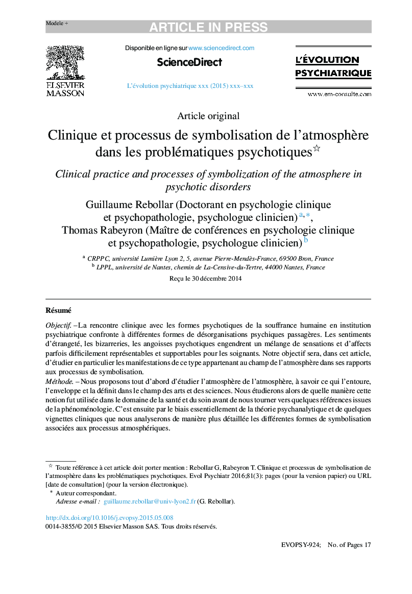 عکس صفحه اول مقاله: Clinique et processus de symbolisation de l'atmosphère dans les problématiques psychotiques Clinique et processus de symbolisation de l'atmosphère dans les problématiques psychotiques